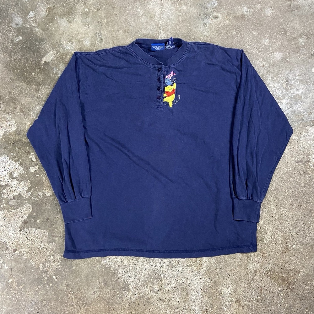 Vintage 90s Winnie The Pooh Henley Shirt Size XL Blue Long Sleeve Disney Graphic
